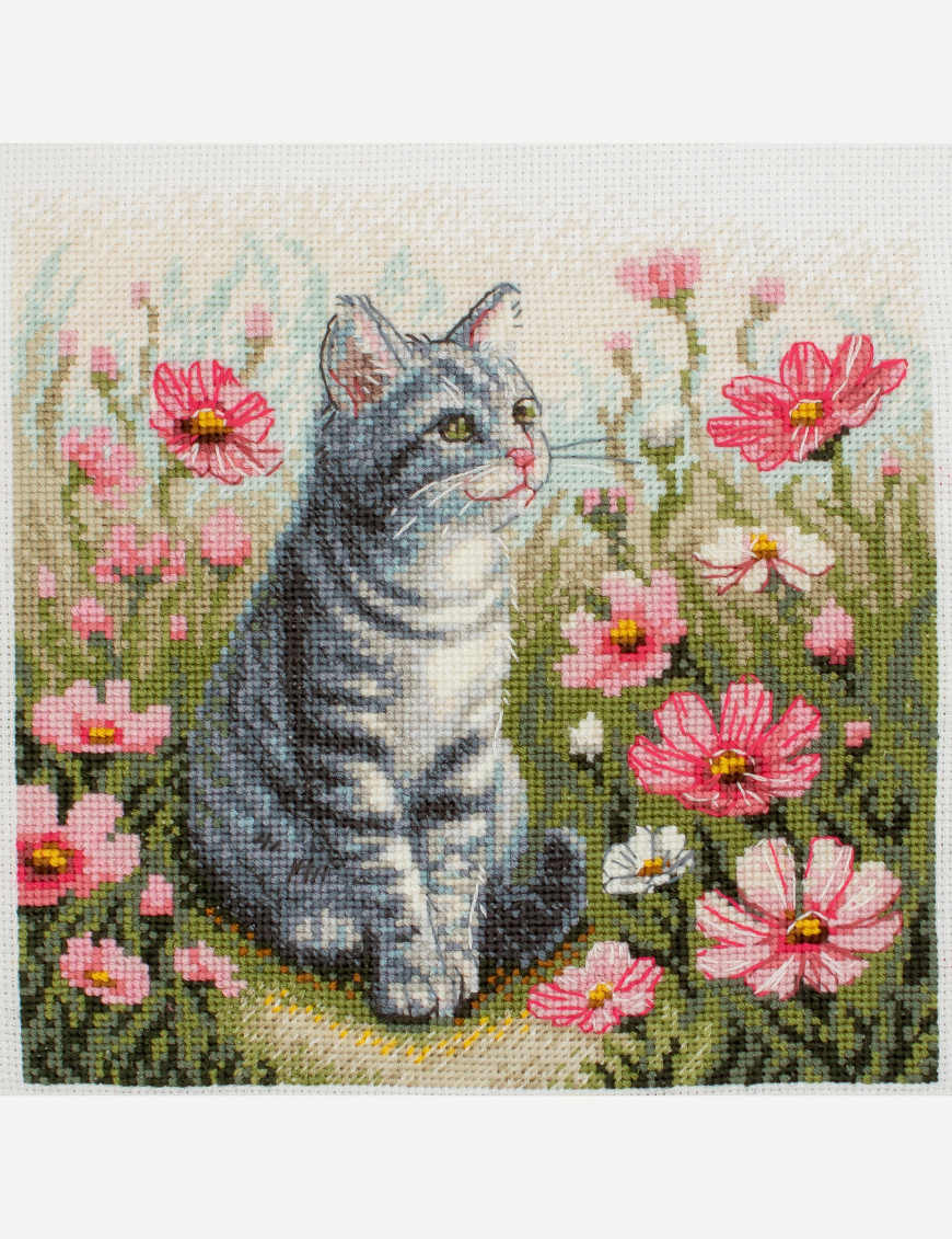 Kit de punto de cruz Aine A1041 – Garden Whiskers, gato entre flores, 20 × 20 cm