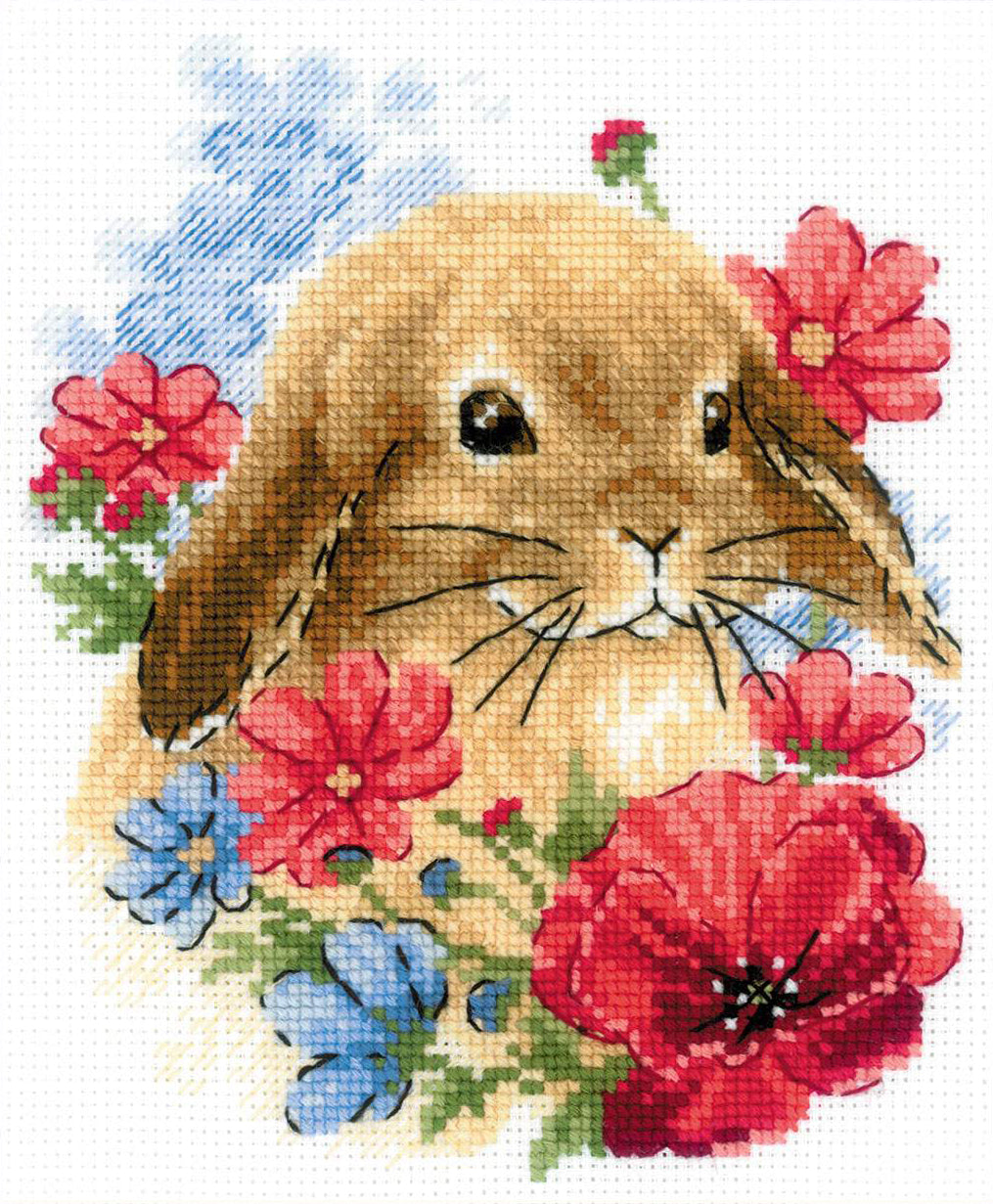 Kit de Bordado de Punto de Cruz - "Bunny in Flowers" - Riolis 1986