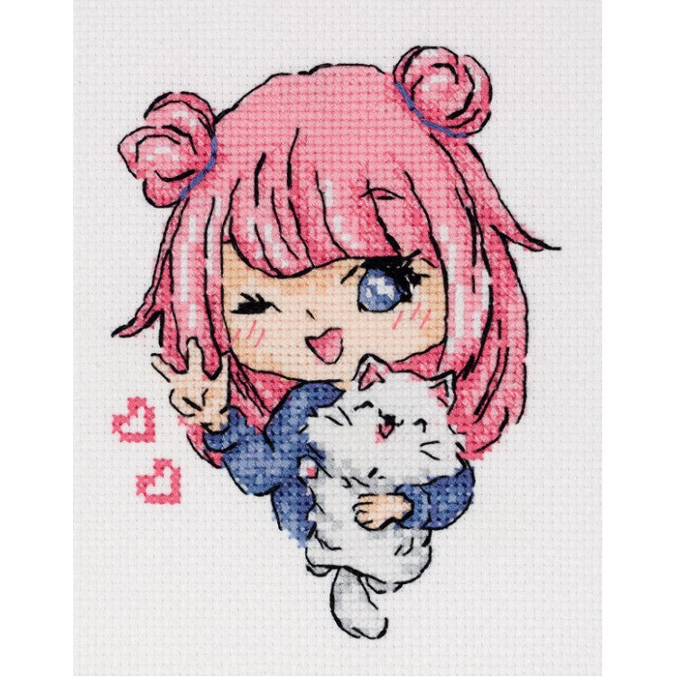 Kit de punto de cruz KLART Monada KL8-554 con niña de pelo rosa abrazando un gatito blanco sobre tela Aida blanca