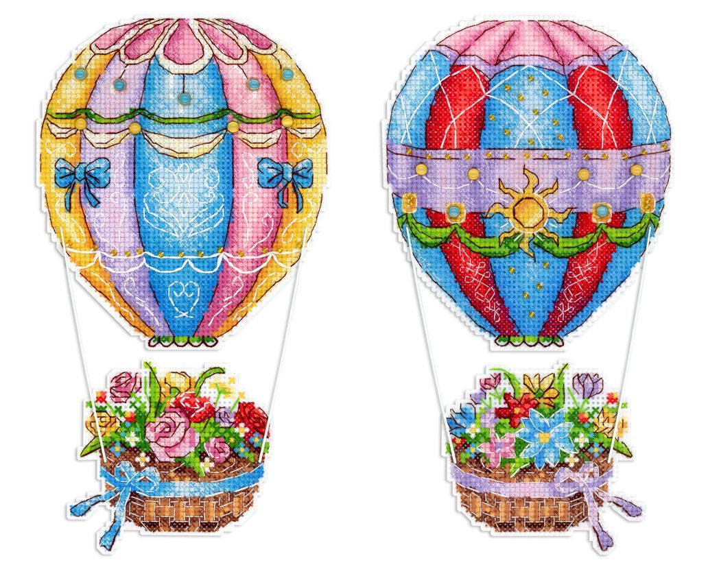 Kit de punto de cruz MP Studia Ramo del cielo SR-1155 con globos aerostáticos decorativos y cestas florales sobre canvas plástica blanca