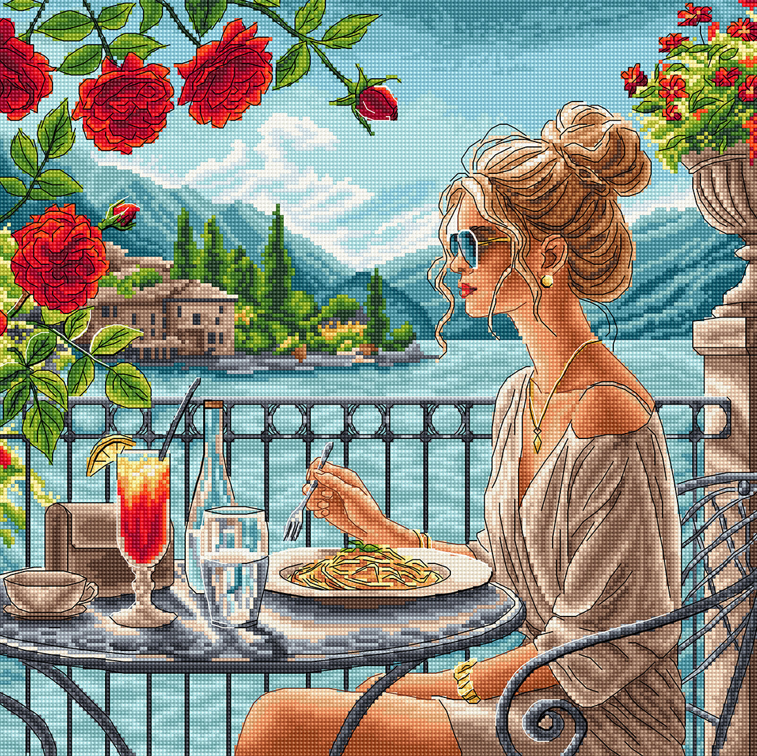 Kit de punto de cruz AVA Stitch Italian Flavours P029 con mujer en terraza italiana, rosas rojas, lago y montañas al fondo