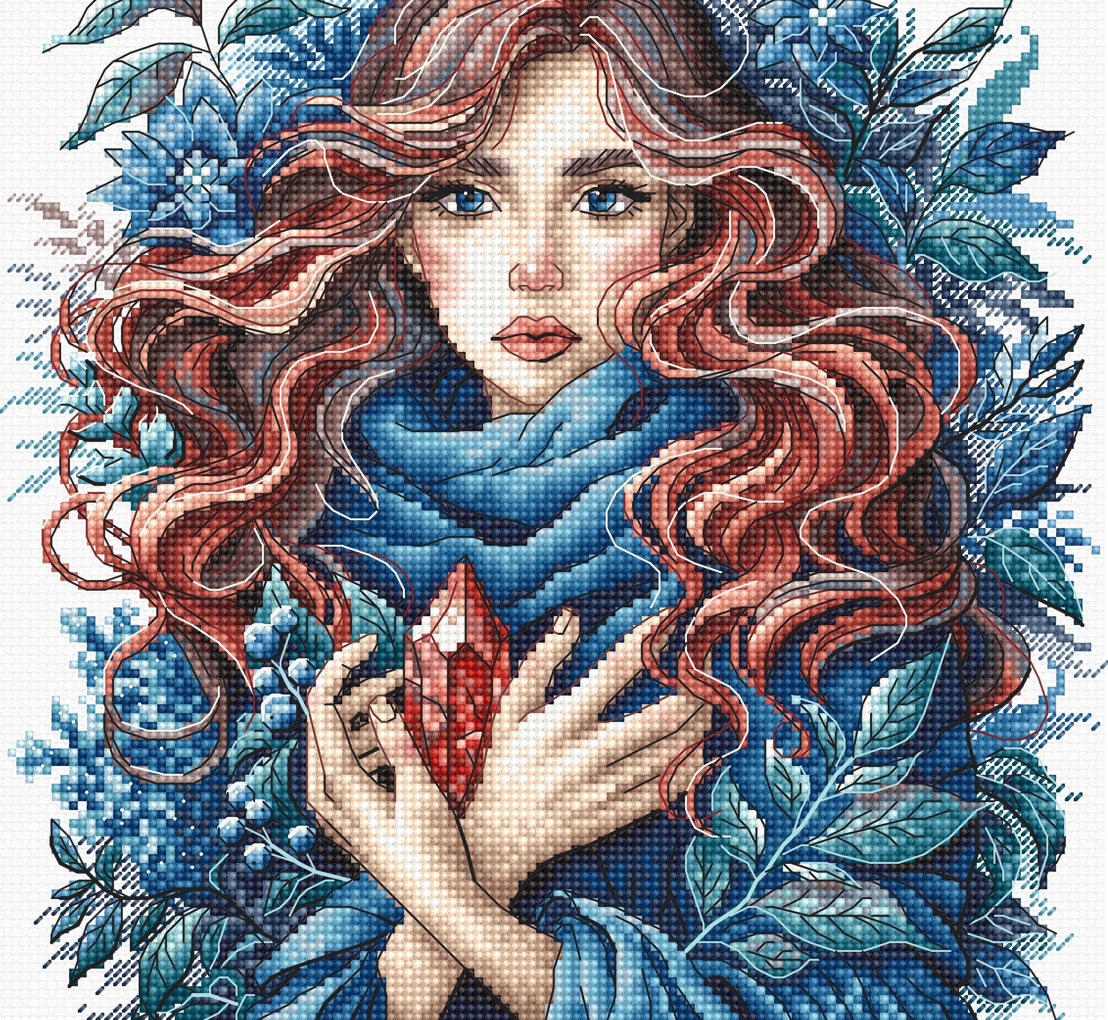Kit de Punto de Cruz "Carmínea: Guardiana del Cristal Bermejo" de Punto y Arte - P032
