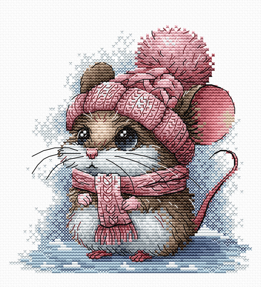 Cross stitch kit P073 "Little Mouse with Winter Hat" - Punto y Arte
