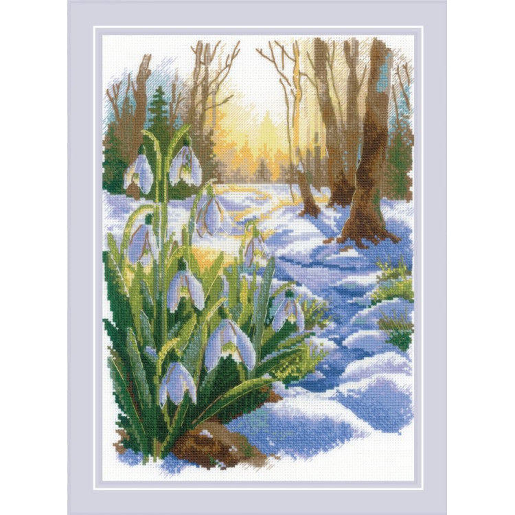 Kit de punto de cruz Riolis 2336 paisaje de primavera con flores blancas y nieve derritiéndose