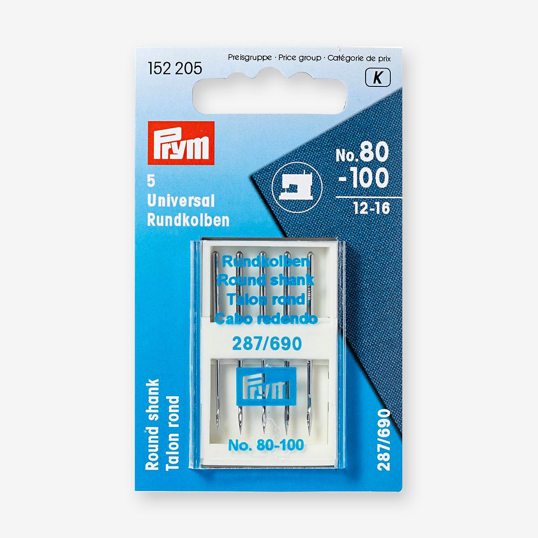Universal Sewing Machine Needles 287/690 Nº80-100 - Round Trunk Prym