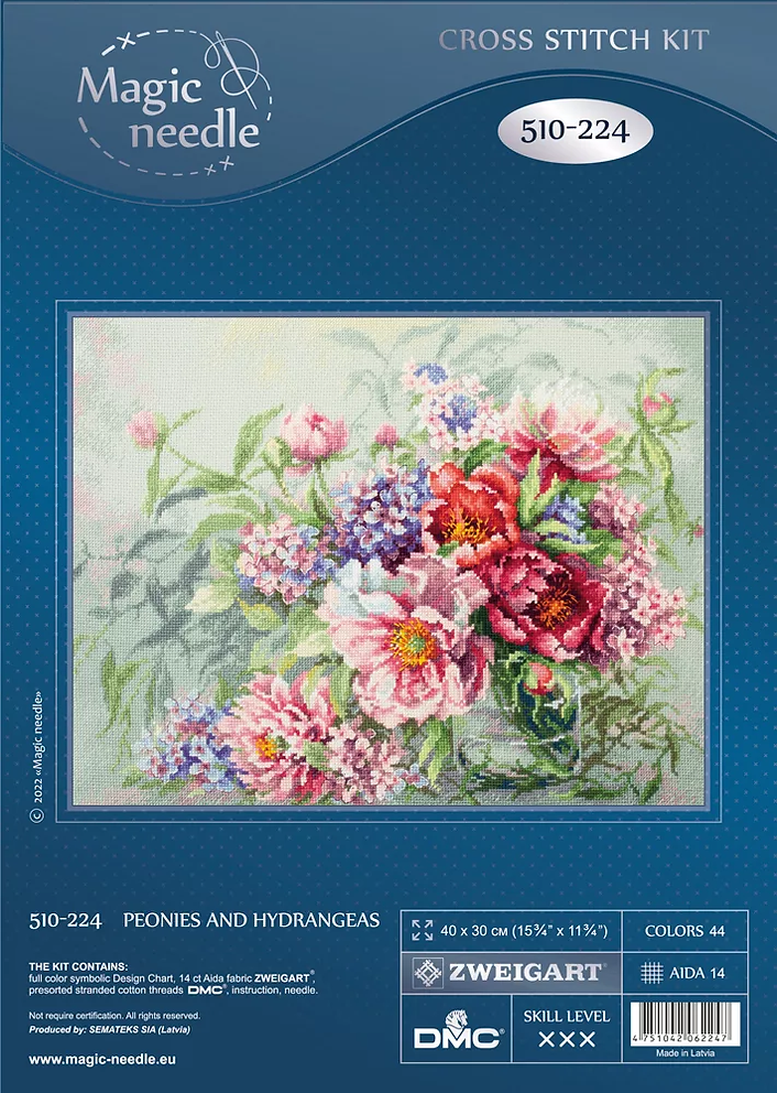 Kreuzstichset „Pfingstrosen und Hortensien“ – Magic Needle 510-224
