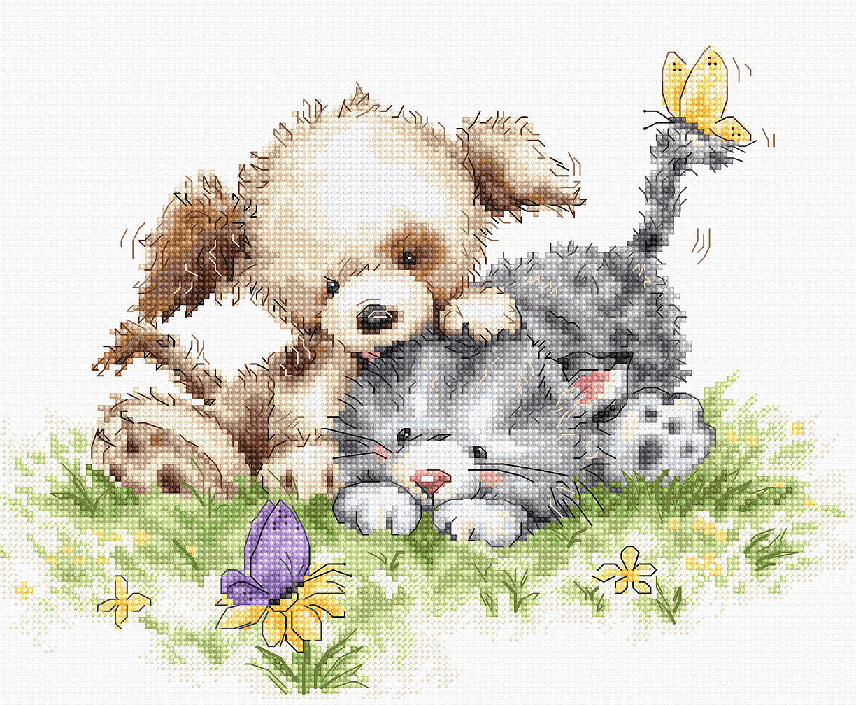 Kreuzstichset. Hund und Katze mit Schmetterling - B1185 Luca-S