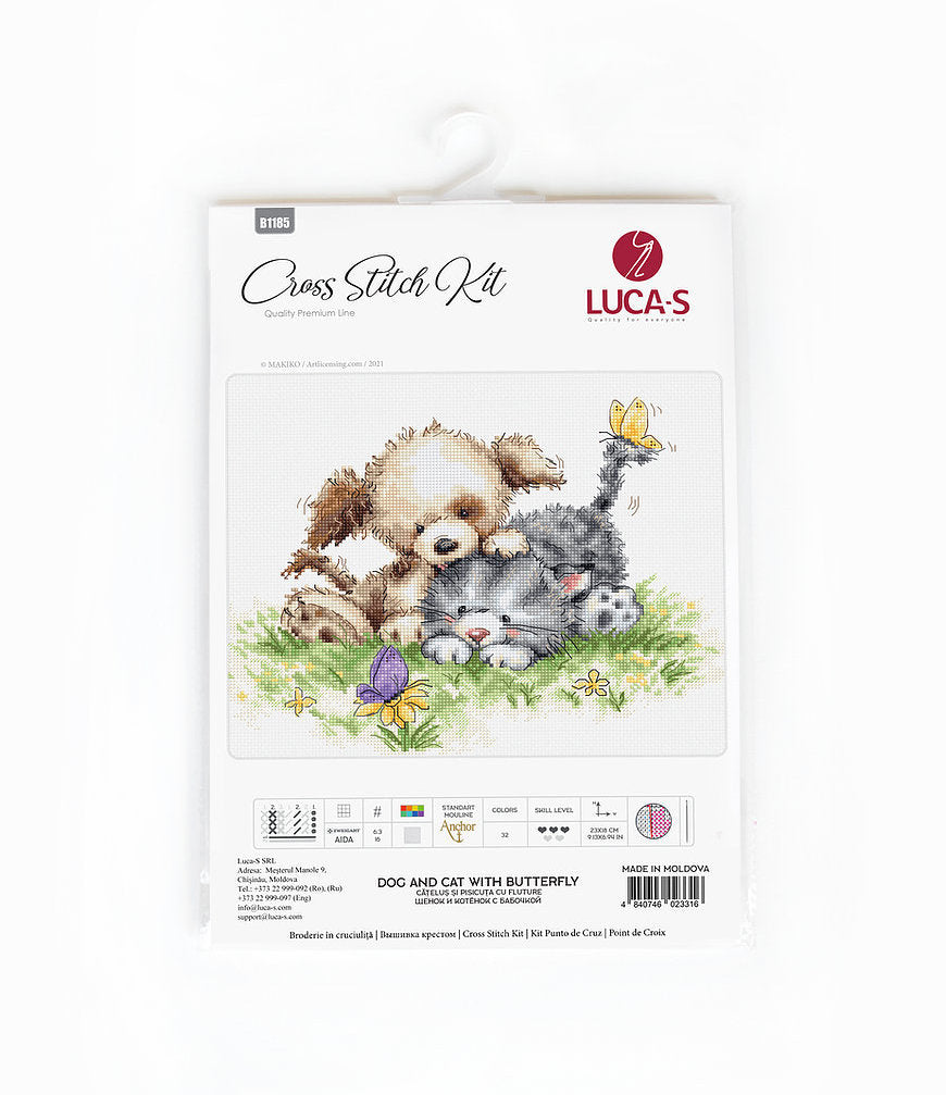 Kreuzstichset. Hund und Katze mit Schmetterling - B1185 Luca-S