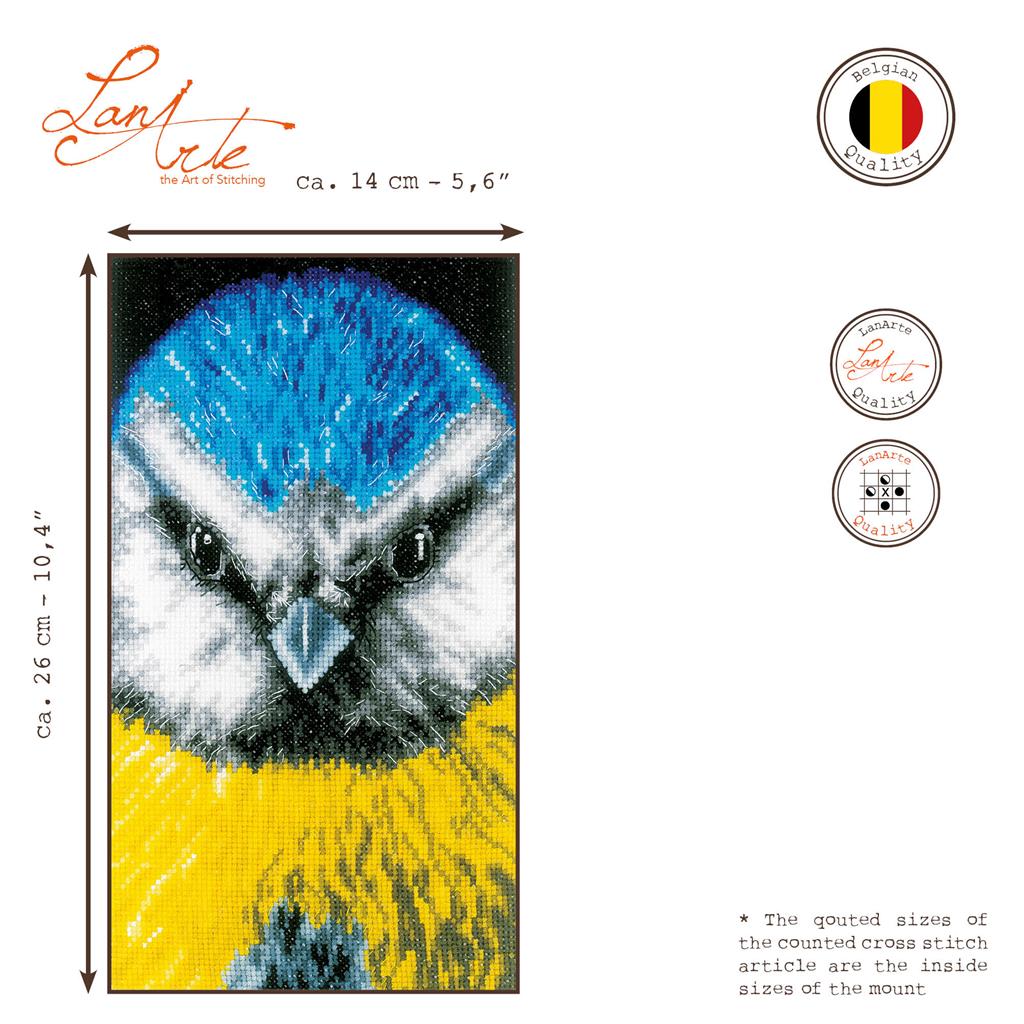 Cross Stitch Kit Close-up Blue Tit on Aida Cloth - Lanarte PN-0200490: A Charming Bird Portrait to Embroider