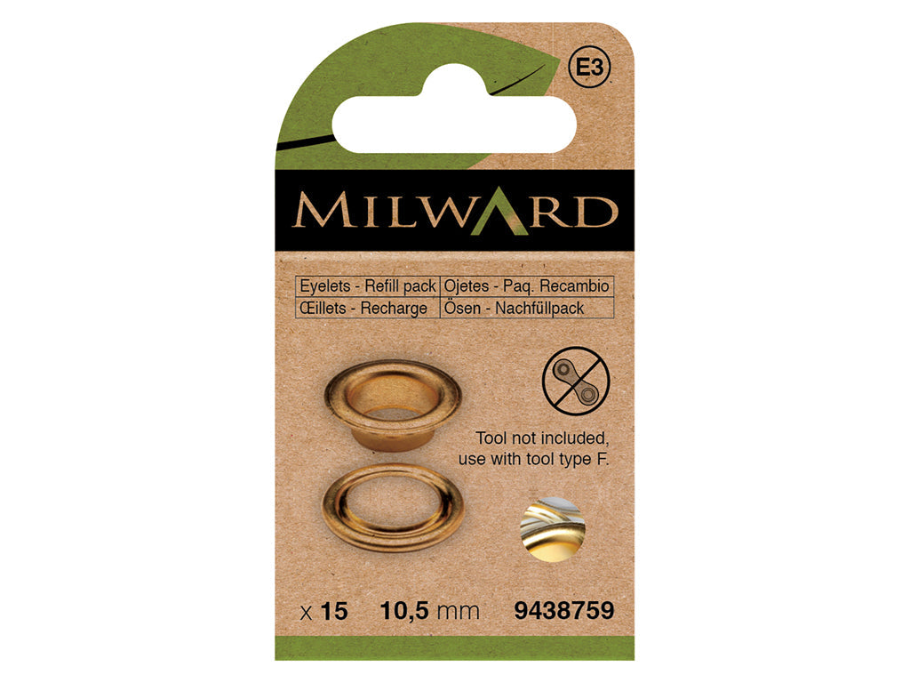 Pack de 15 Ojetes Dorados Milward 10.5 mm - Elegancia y Calidad para Costura y Manualidades