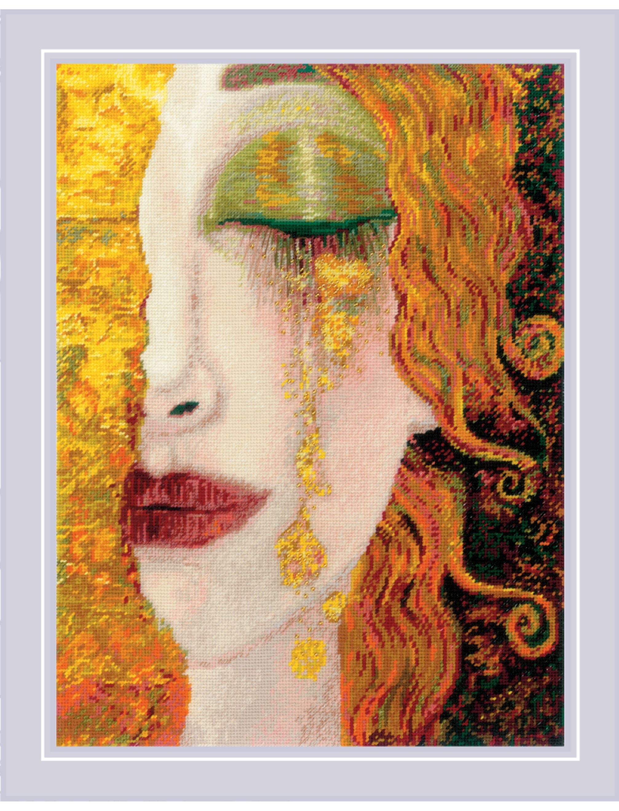 Kit de punto de cruz Golden Tears retrato femenino artístico con detalles dorados y cuentas decorativas