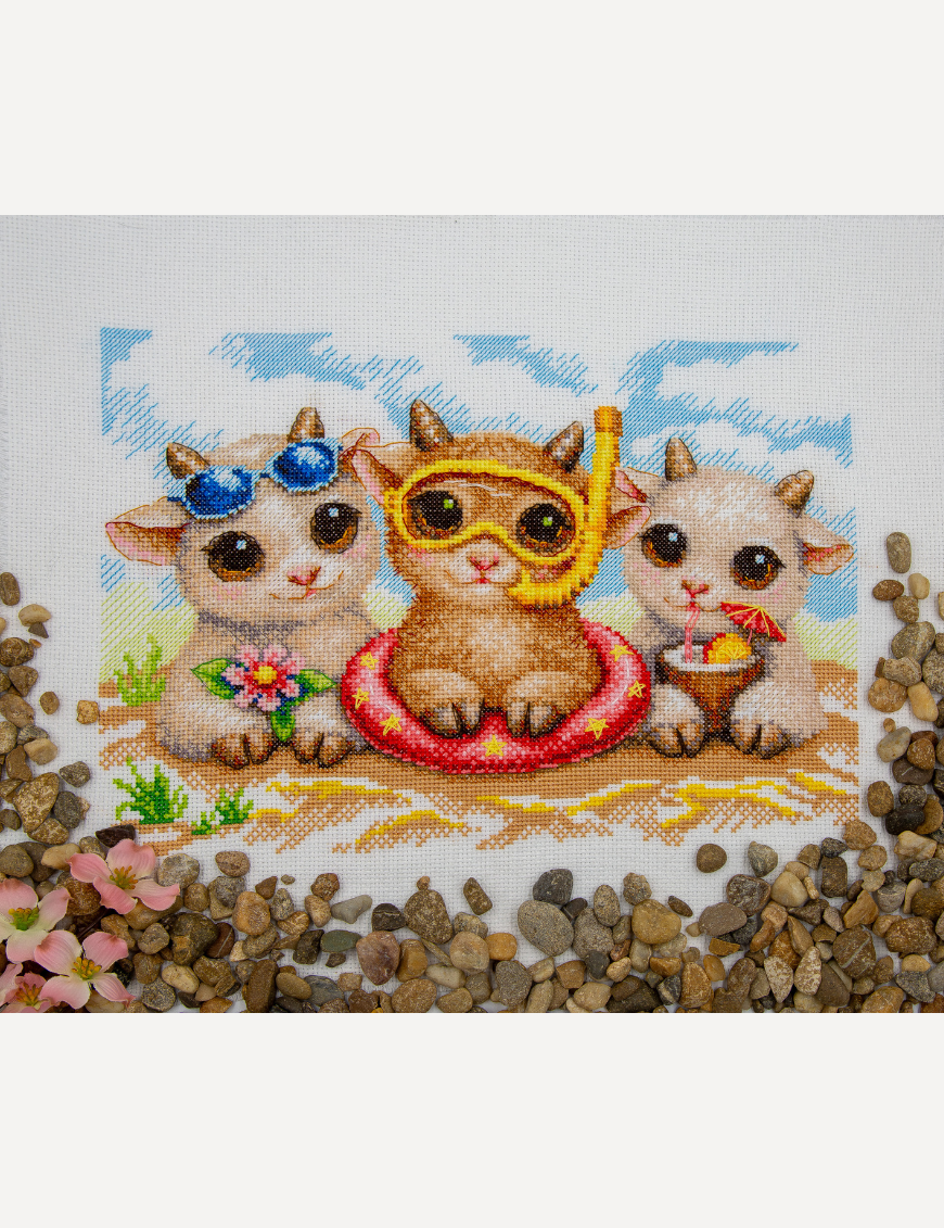 Kit de punto de cruz Aine A1049 – Summer Joy, animalitos de vacaciones, 30 × 21 cm