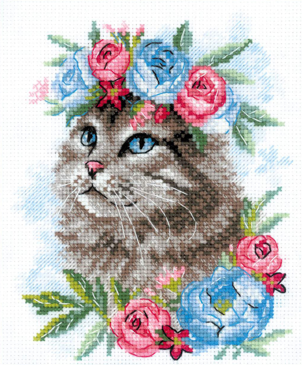 Kit de Bordado de Punto de Cruz - "Cat in Flowers" - Riolis 2088