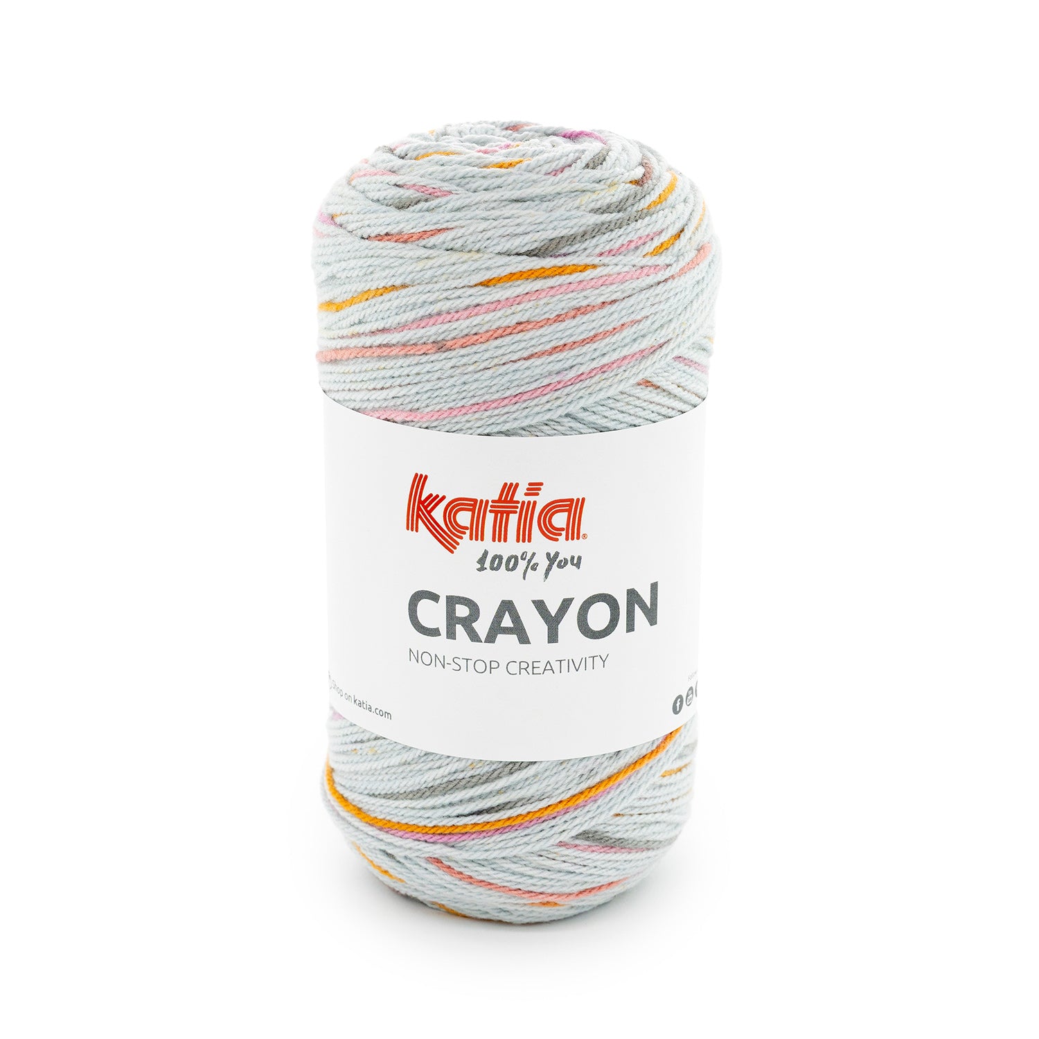 Ovillo Katia Crayon estampado en el color 50, con efecto speckles en mezcla de acrílico y algodón, ideal para tejer prendas infantiles y jerseys ligeros a dos agujas o crochet.