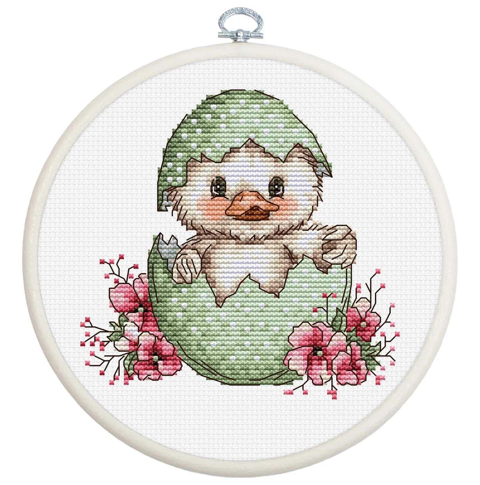 Kit de punto de cruz con bastidor Luca-S La primera sonrisa de primavera BC238 con patito saliendo del cascarón y flores rosas