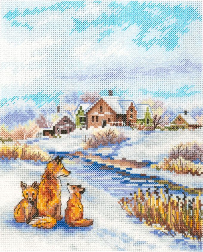 Kit de punto de cruz MP Studia Familia pelirroja SNV-933 con familia de zorros en un paisaje nevado con río y casas al fondo