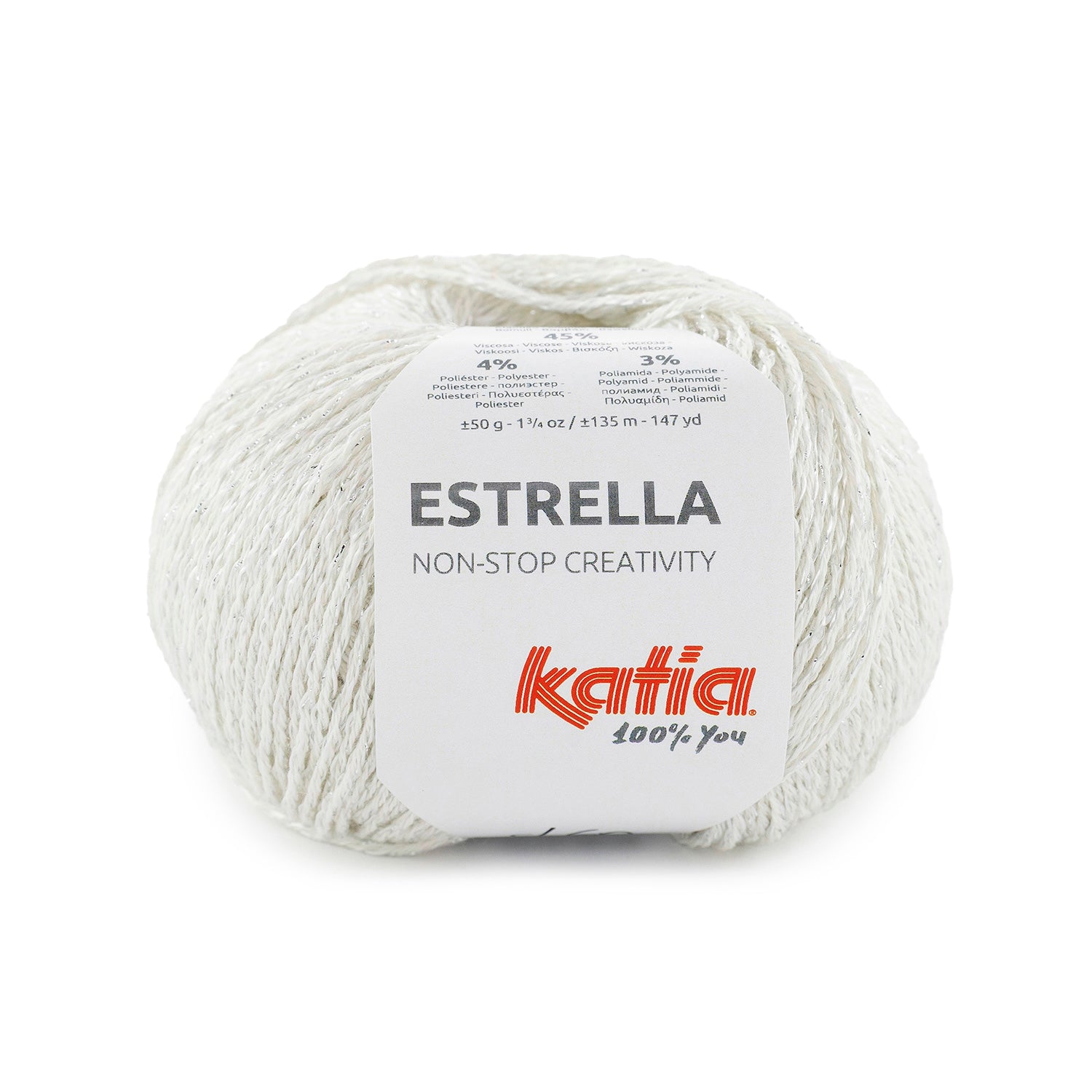 Ovillo Katia Estrella en el color 60, de mezcla algodón y viscosa con efecto mate-brillo y tacto sedoso, ideal para tejer prendas elegantes de verano a dos agujas o crochet.