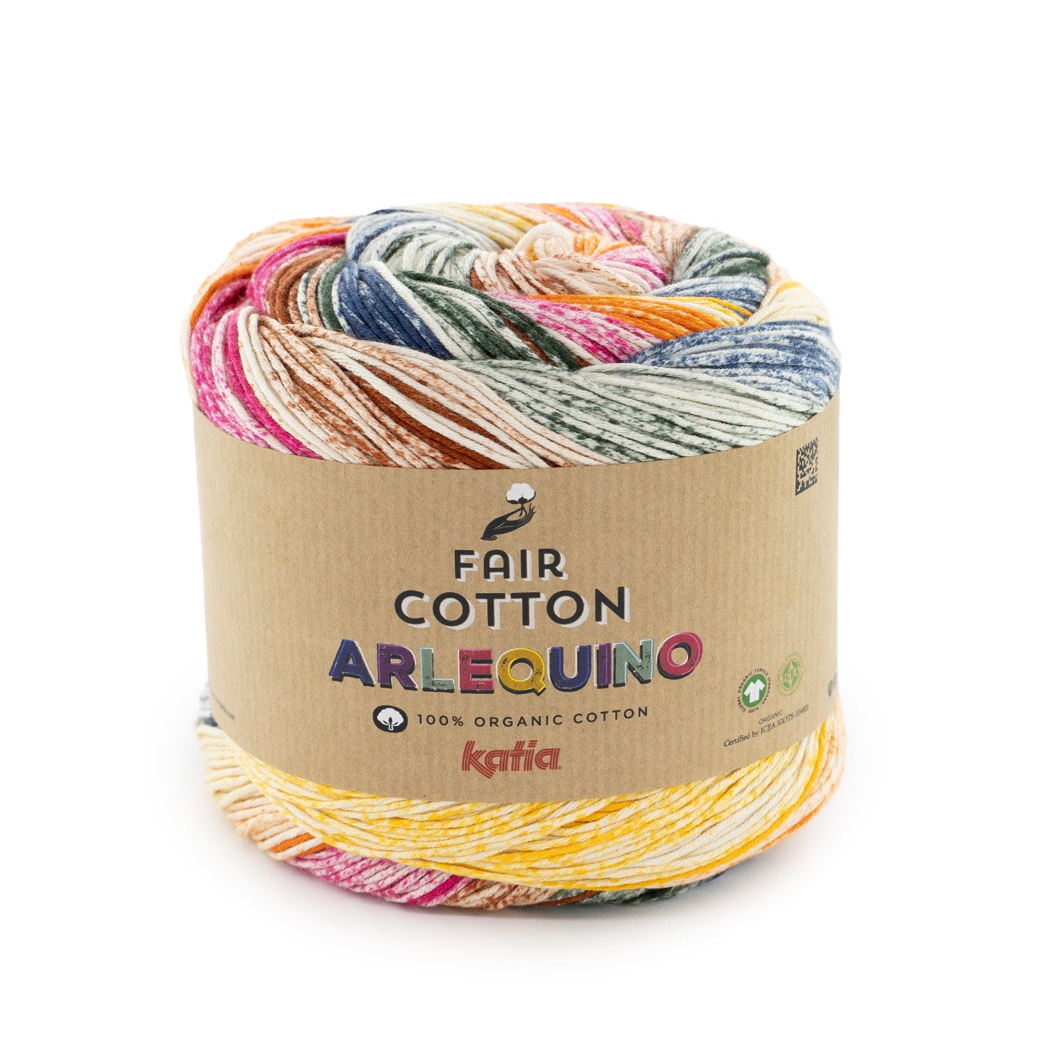 Ovillo Katia Fair Cotton Arlequino color 250 de algodón orgánico con estampado degradado en efecto espejo y ciclo perfecto para tejer mantas y prendas frescas.