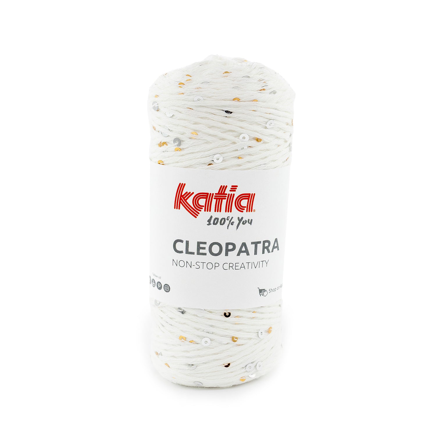 Ovillo Katia Cleopatra de algodón con lentejuelas doradas y plateadas integradas, hilo brillante y suave de 100 g ideal para tejer prendas modernas y llamativas a dos agujas o crochet.