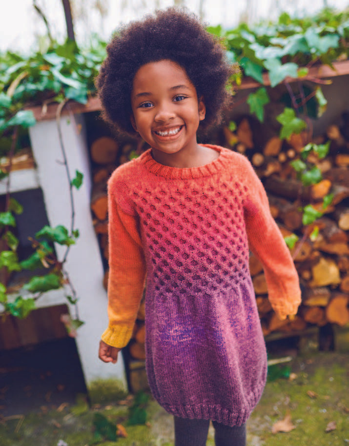 Knitted dress pattern for girl with Maravilla wool by Katia - PDF