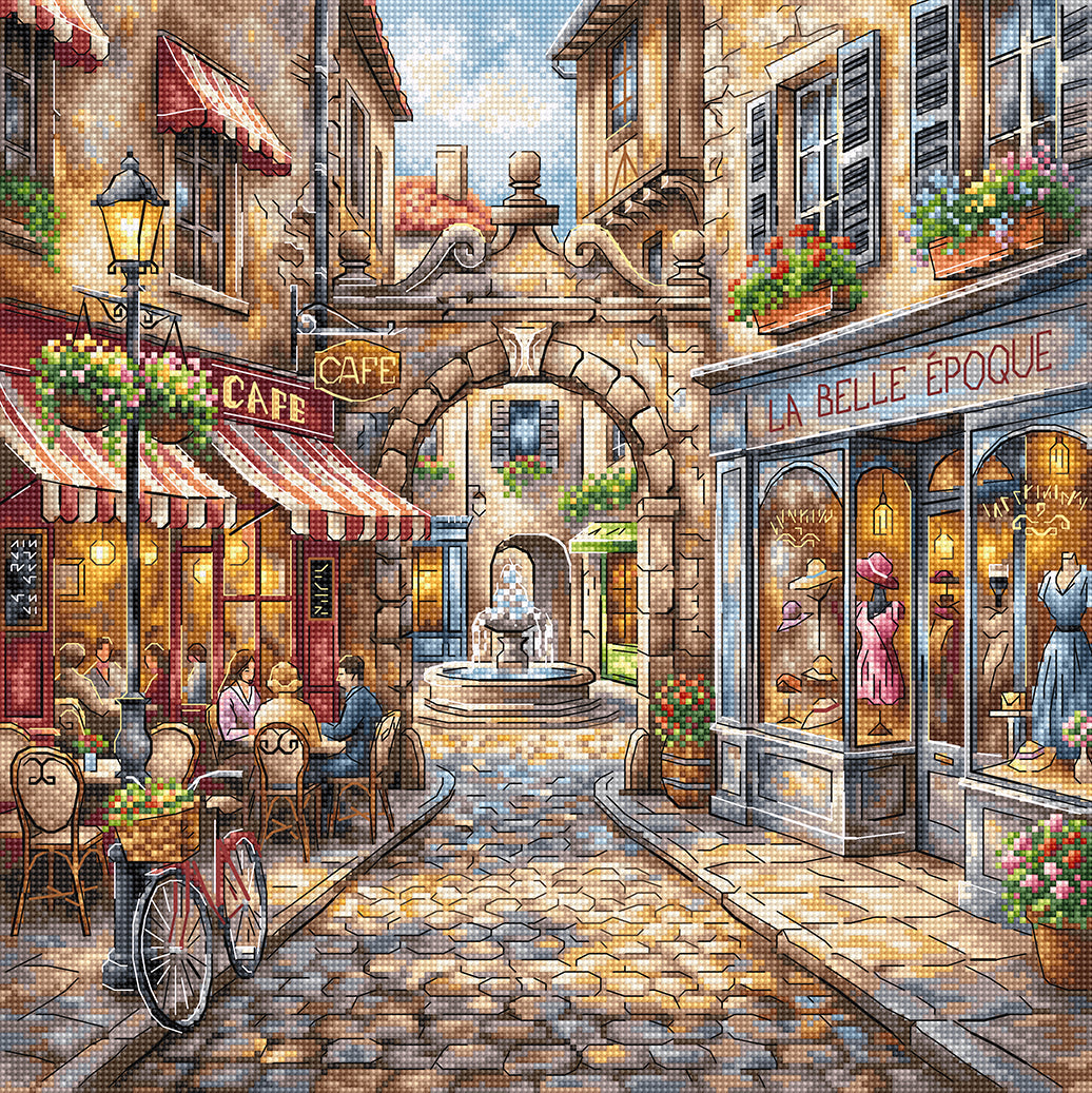 Kit de punto de cruz AVA P096 calle europea con café, tiendas y ambiente elegante estilo Belle Époque