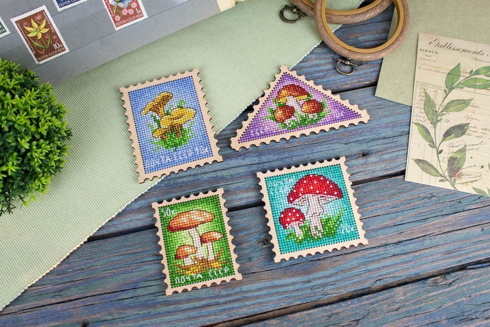 Cross-stitch embroidery kit with wooden base "Stamps of the USSR. Magnets" SO-115