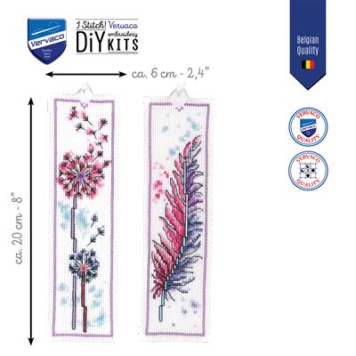 Kit de Punto de Cruz Marcapáginas Pluma y Flores – Set de 2 | Vervaco