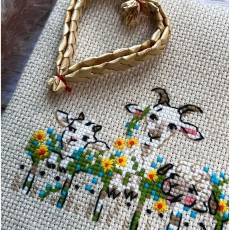Kit de punto de cruz Riolis 2352 – Village Group Chat, cabras y ovejas, 24 × 8 cm