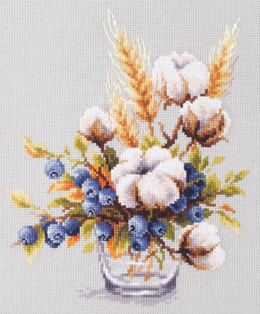 100-013 Blooming Cotton and Cranberry. Magic Needle Cross Stitch Kit