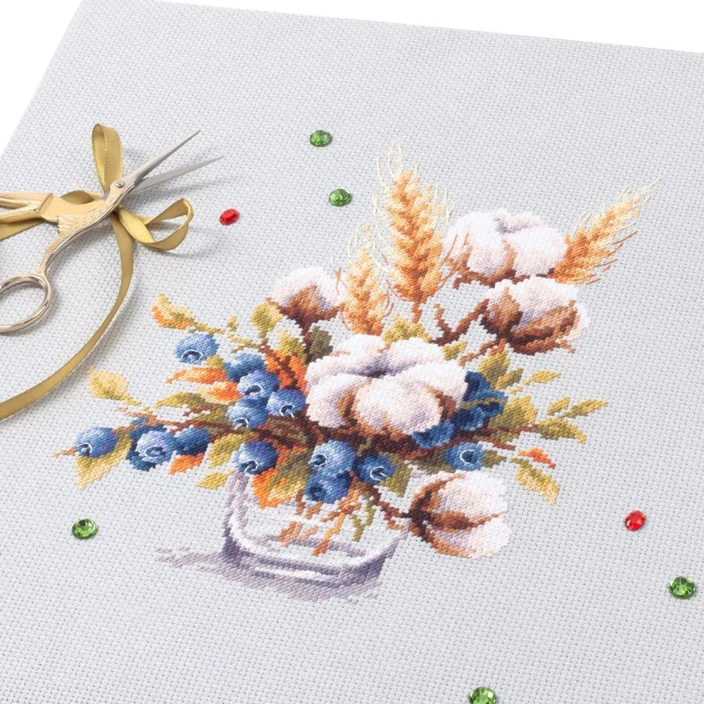 100-013 Blooming Cotton and Cranberry. Magic Needle Cross Stitch Kit