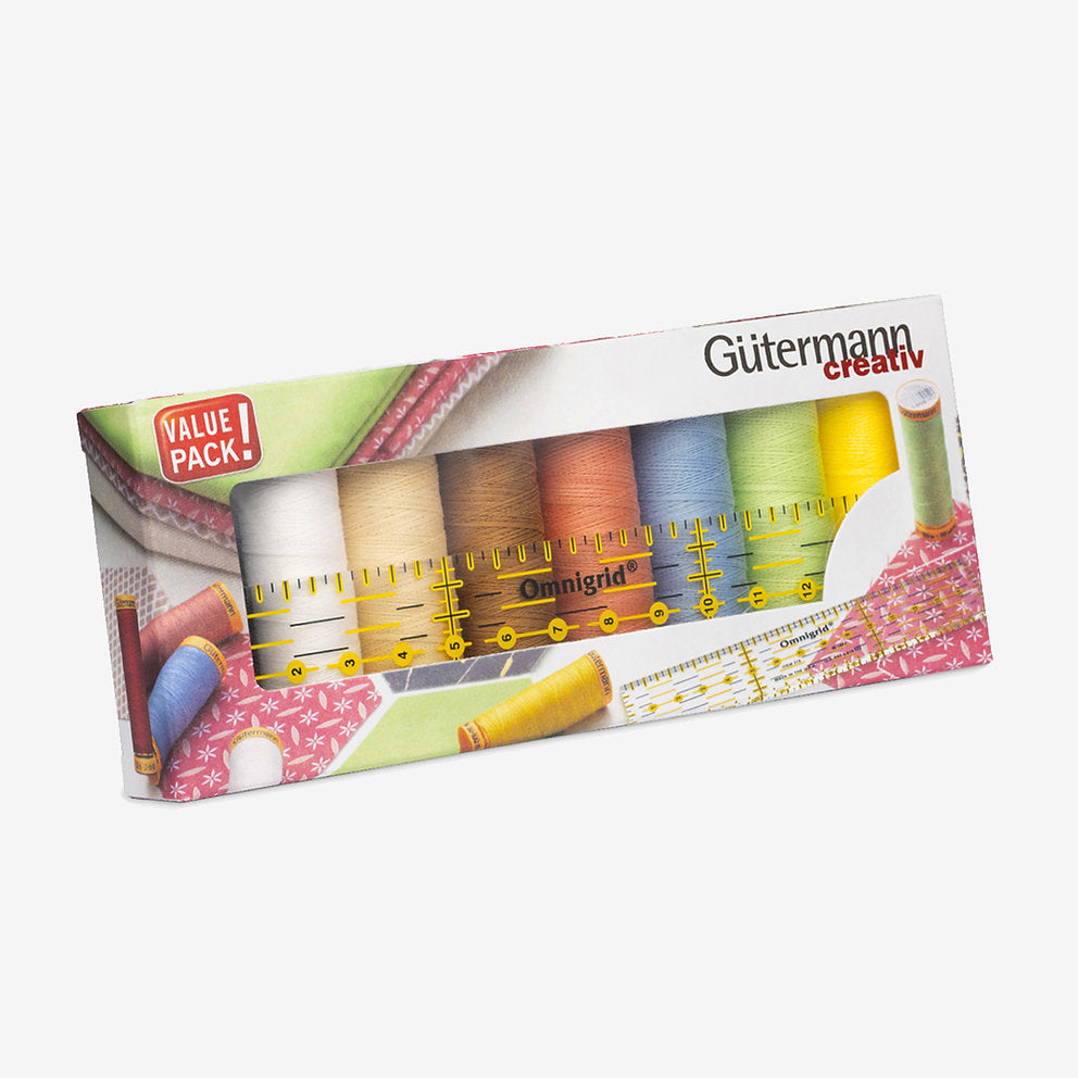 Gütermann thread set for patchwork. 8 spools of mercerized cotton C Ne 50 100m and Omnigrid® ruler