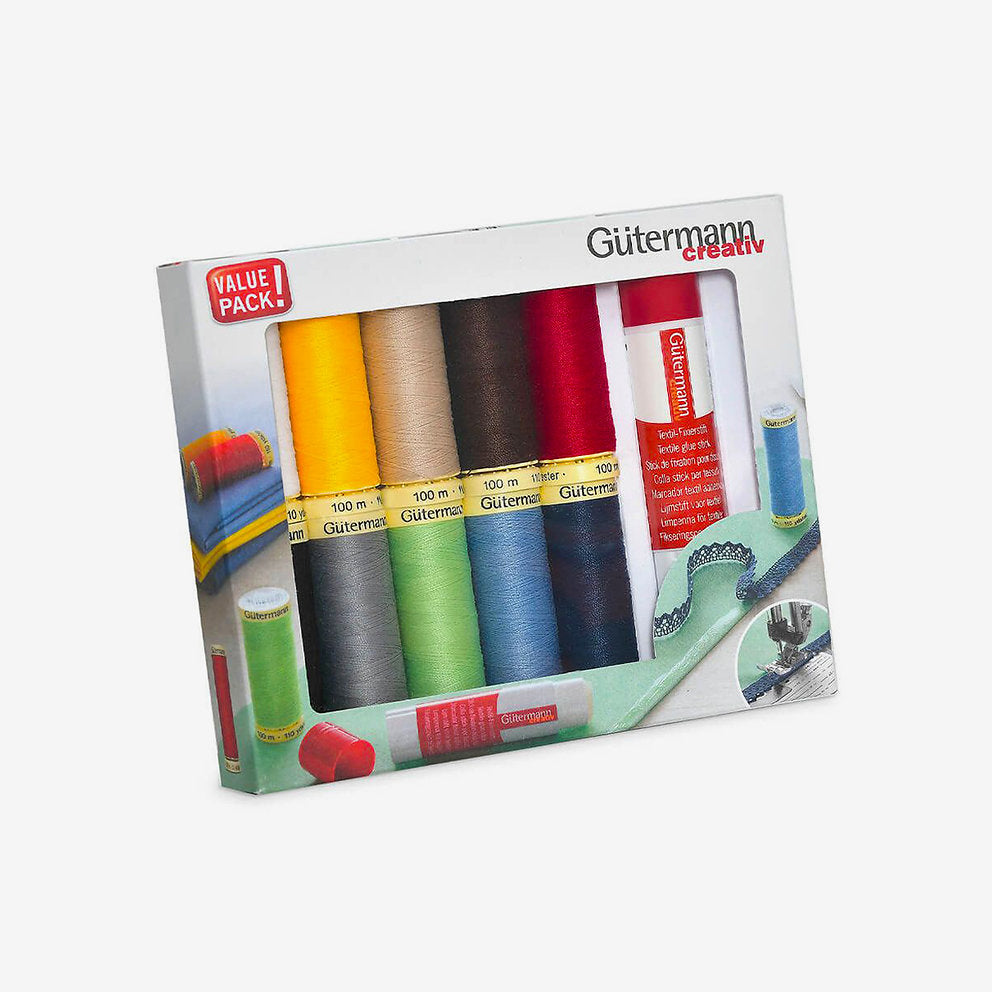 Set de Hilos Coselotodo 100m con Pegamento Textil en Barra de Gütermann - 10 Colores Básicos