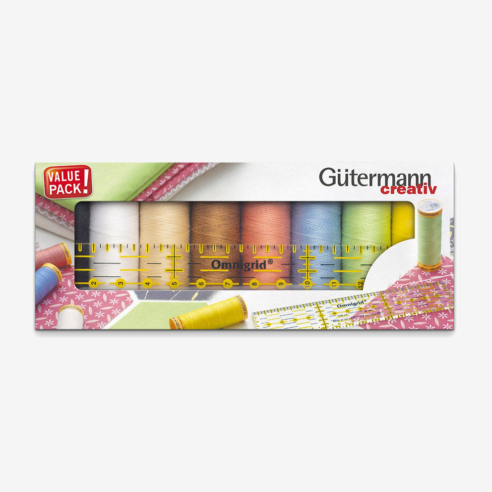 Set de hilos Gütermann para patchwork. 8 bobinas de Algodón mercerizado C Ne 50 100m y regla Omnigrid®