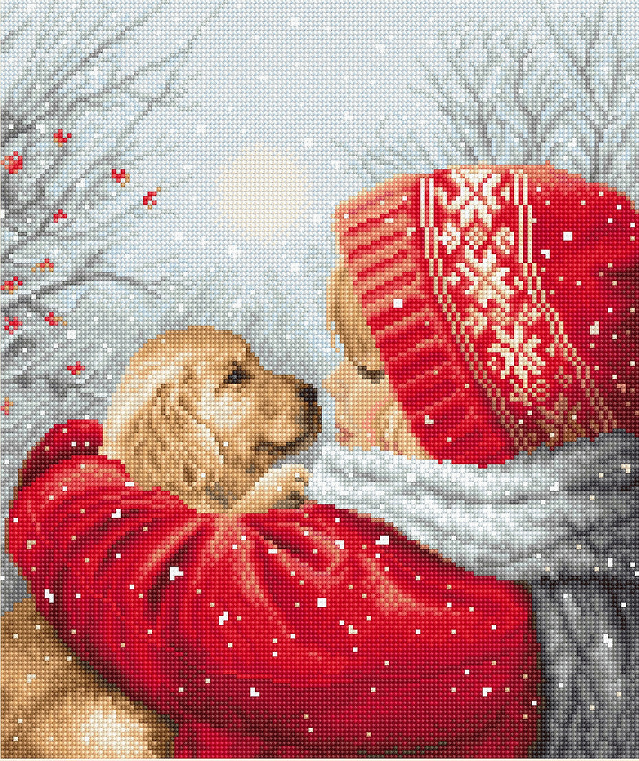 Christmas Hugs Cross Stitch Kit by LETISTITCH with 50 colors of Anchor Mouliné threads and Aida Zweigart fabric