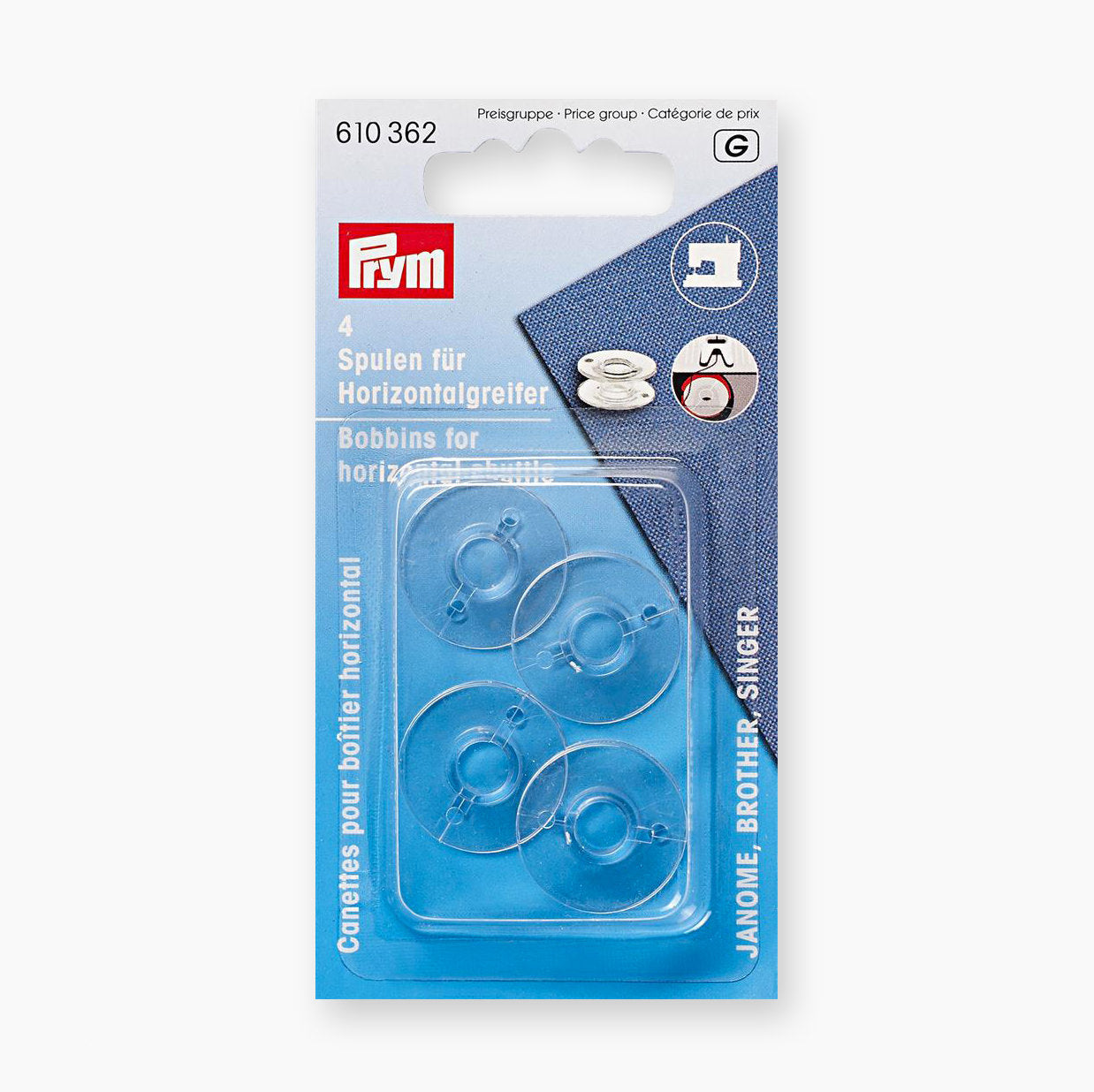 Transparent plastic bobbins for sewing machines with horizontal bobbin system by Prym 610362 (4 pieces)