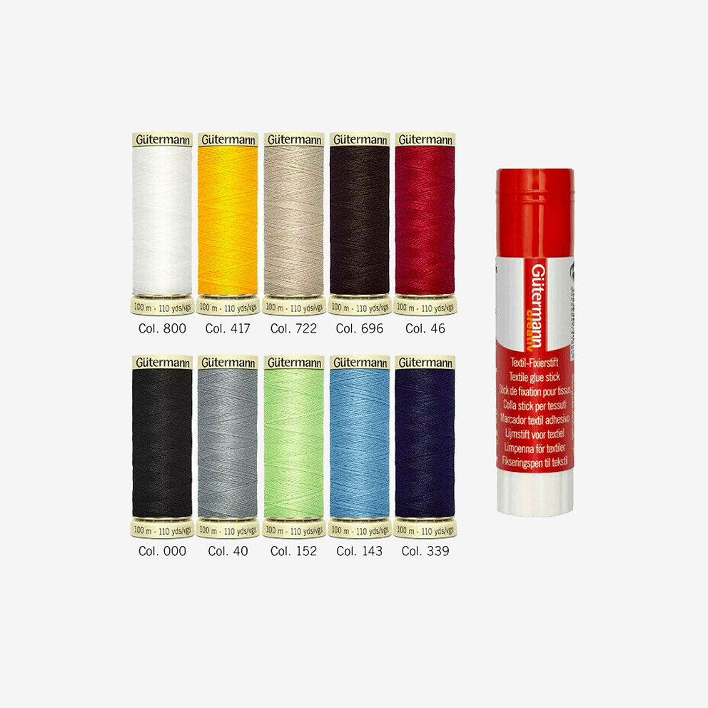 Sew-all Thread Set 100m with Gütermann Textile Glue Stick - 10 Basic Colors