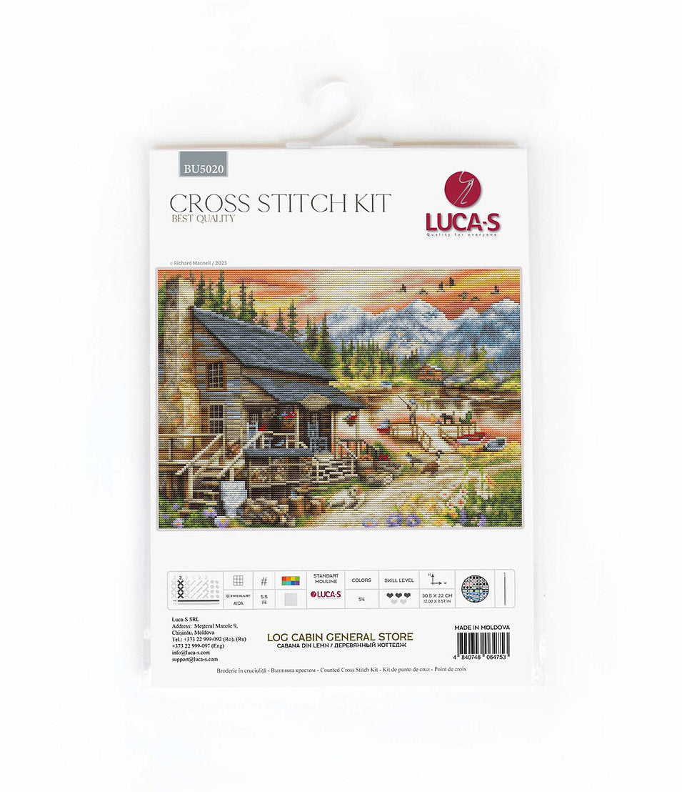 Kreuzstichset „Log Cabin General Store“ – Luca-S BU5020 mit 14ct Zweigart-Stoff. weiße AIDA