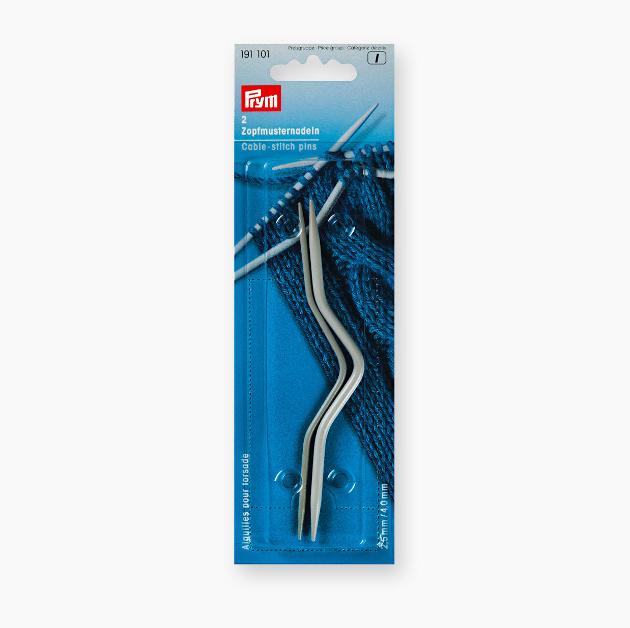 Prym figure eight needles for easy cable knit patterns.