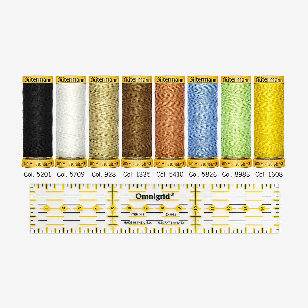 Gütermann thread set for patchwork. 8 spools of mercerized cotton C Ne 50 100m and Omnigrid® ruler