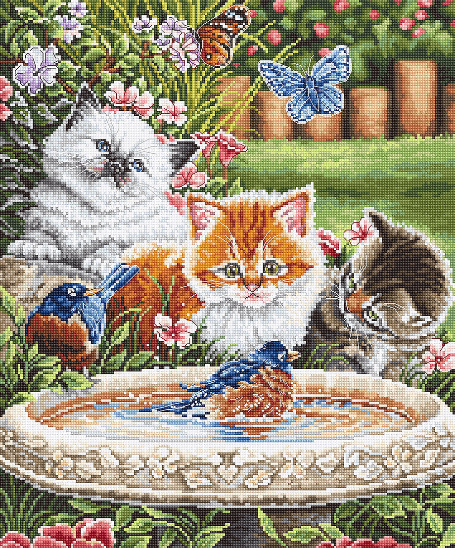 LETISTITCH Cross Stitch Kit L8028 - Splashing Some Fun with 3 Kittens and 2 Little Birds