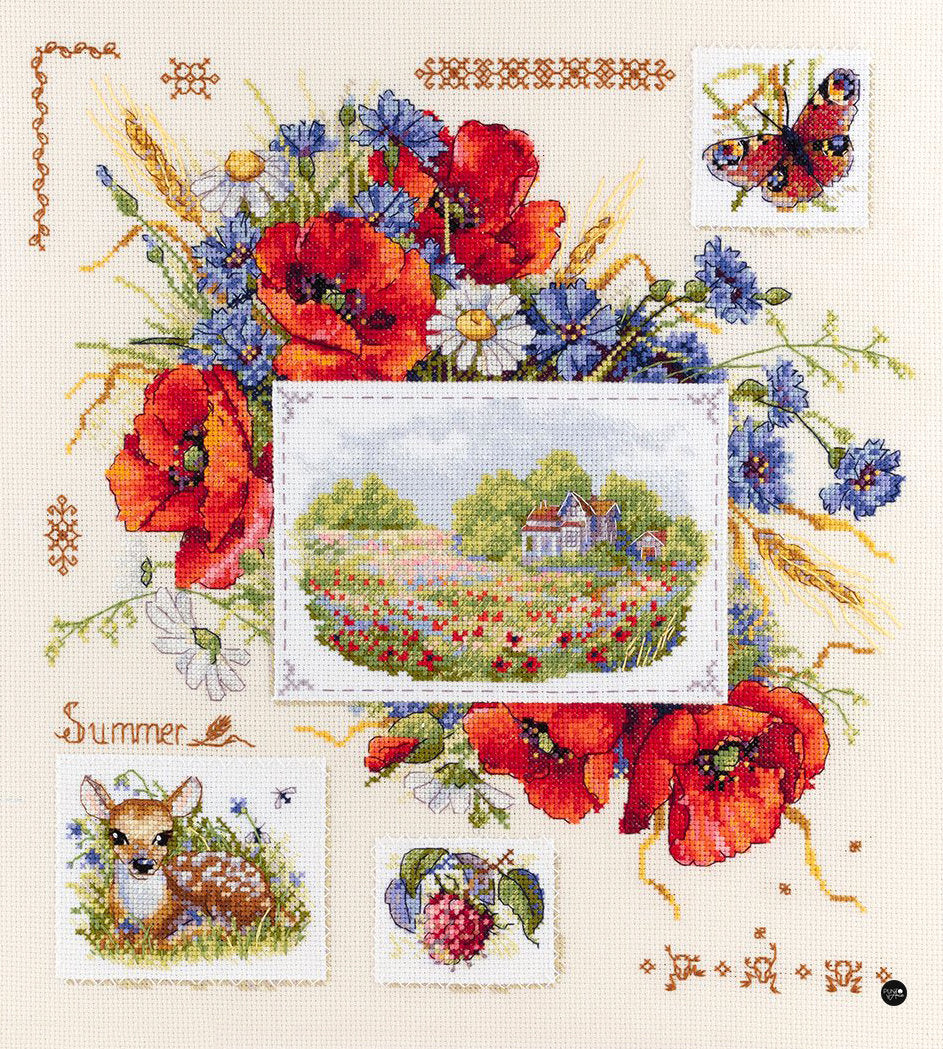 Kreuzstichset „Sommer-Sampler mit Mohnblumen“ von Merejka – K-130