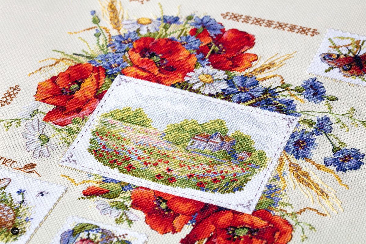 Kreuzstichset „Sommer-Sampler mit Mohnblumen“ von Merejka – K-130