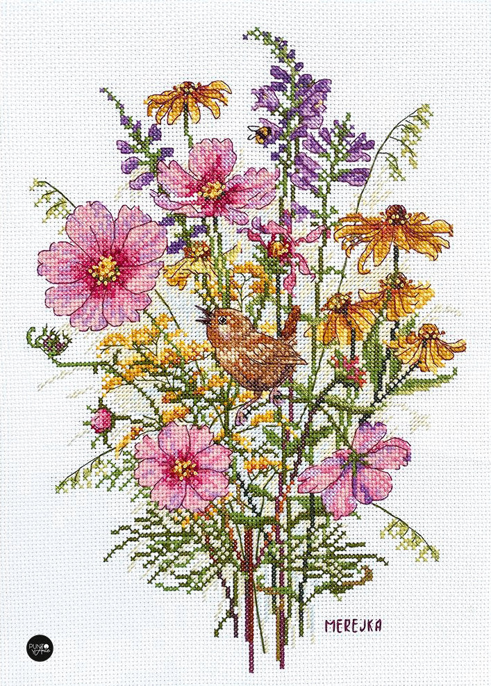 Cross Stitch Kit "September Flowers and Wren" by Merejka - K-197