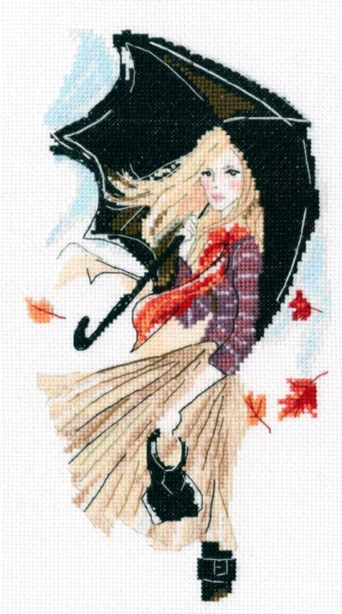 Cross stitch kit. Girl, rain and umbrella - M636 RTO