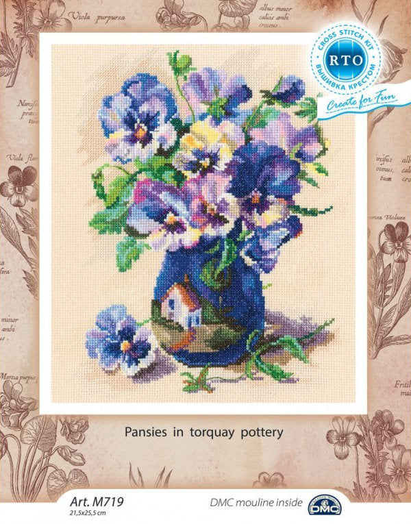 Cross stitch kit. Pansies in Torquay Pottery - M719 RTO