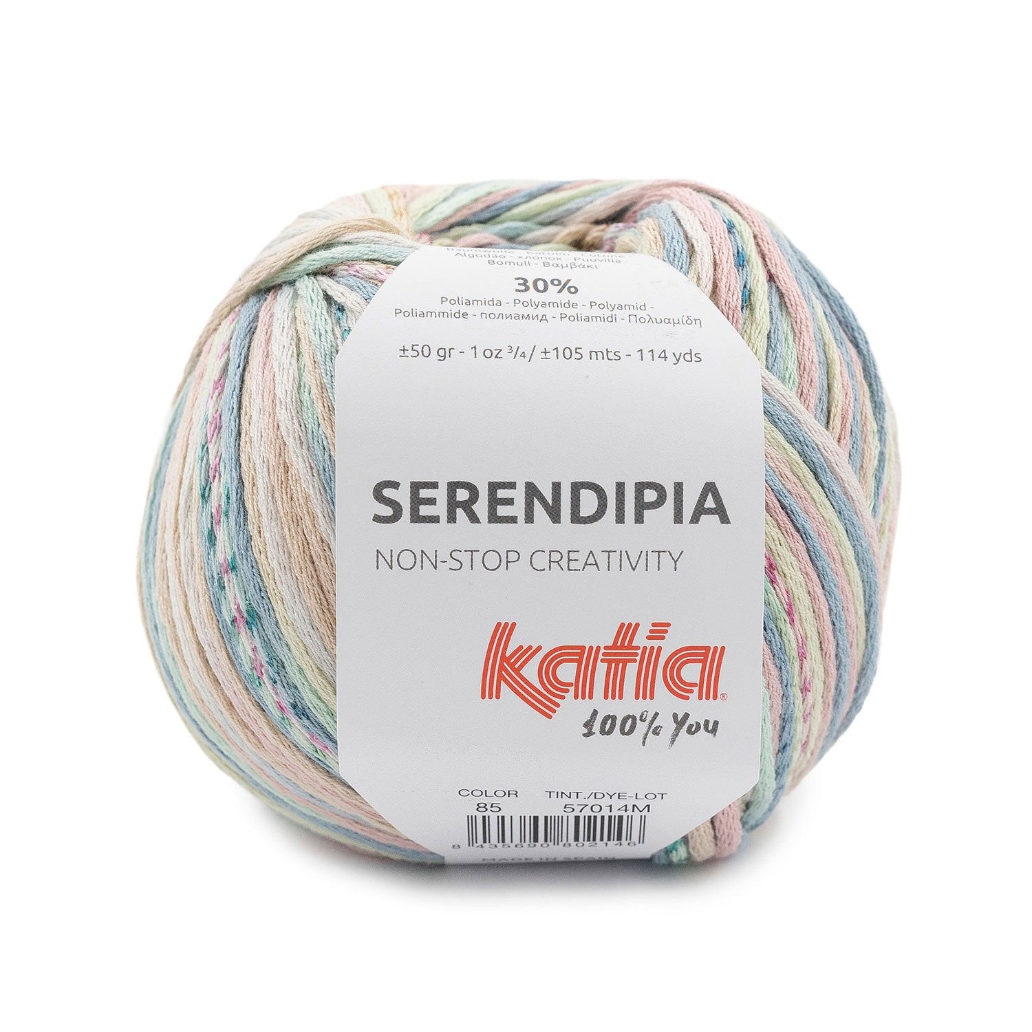 Katia Serendipia cotton yarn in the look of a multicolored ribbon to knit fresh and colorful garments in spring and summer