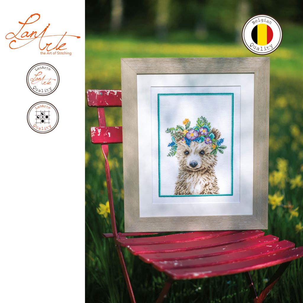 Flower Crown Bear Cross Stitch Kit - Lanarte PN-0200867: A Charming Embroidery Project to Enjoy